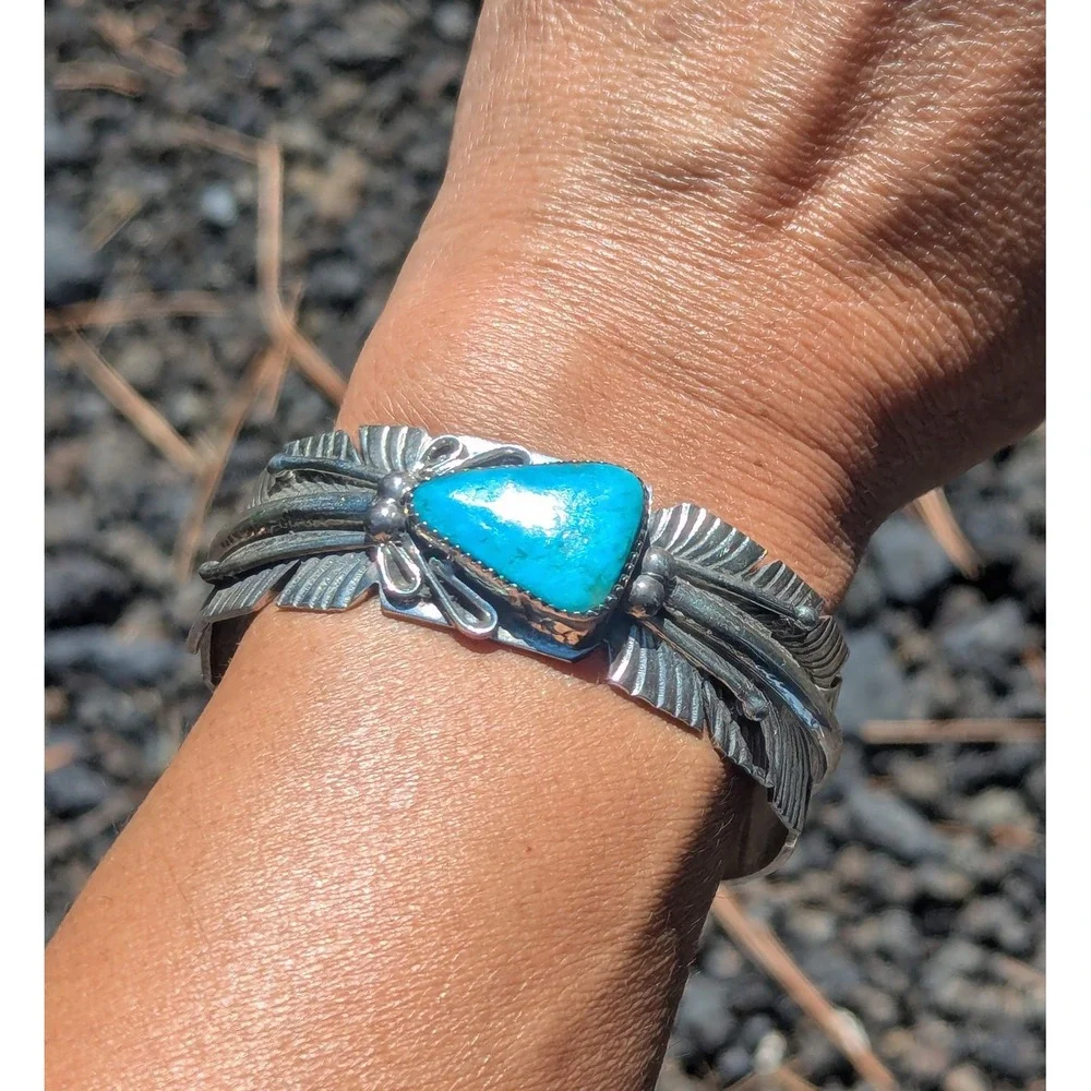 Navajo Cuff Bracelet Silver Native American Turquoise‎ Jewelry Sz 7 ***
